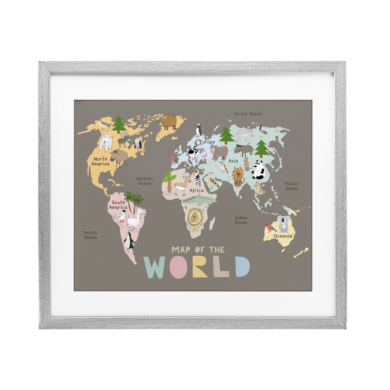 Stupell Industries Kid's Map Of World Brown Framed Print Under Glass, design by Carla Daly